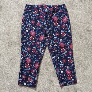 Women's "Investments" Blue Floral Mid-Rise Cropped Pants w Zipper; Size 14